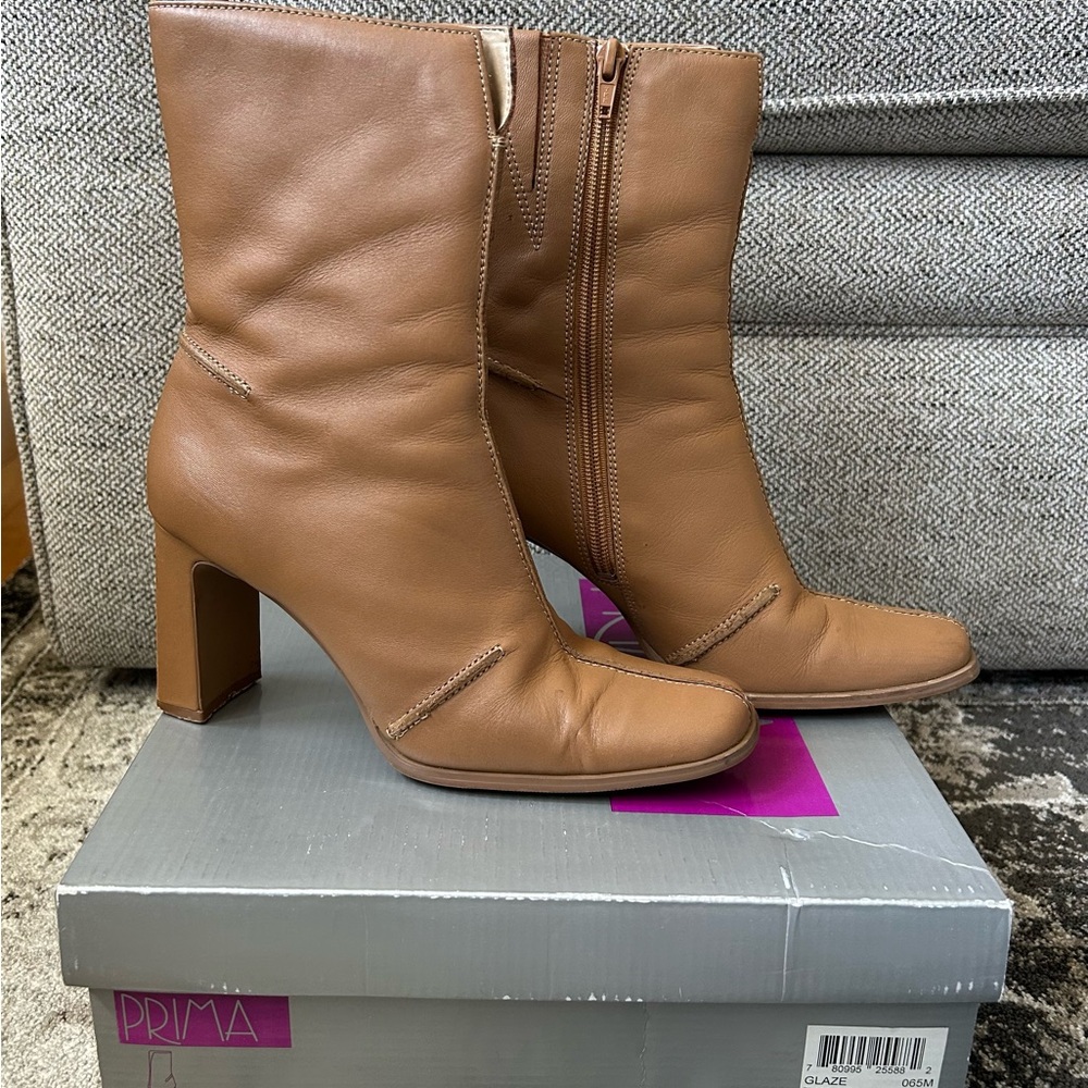 Prima - Glaze Tan Leather Mid-Calf Block Heel Boots, 6 1/2